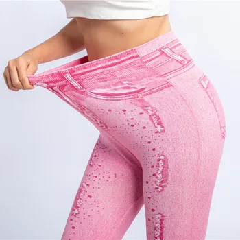 

pants women plus size Women Fashion Leggings Lady Print Wet High Waist Imitation Cowboy Trouser Pants джоггеры женские