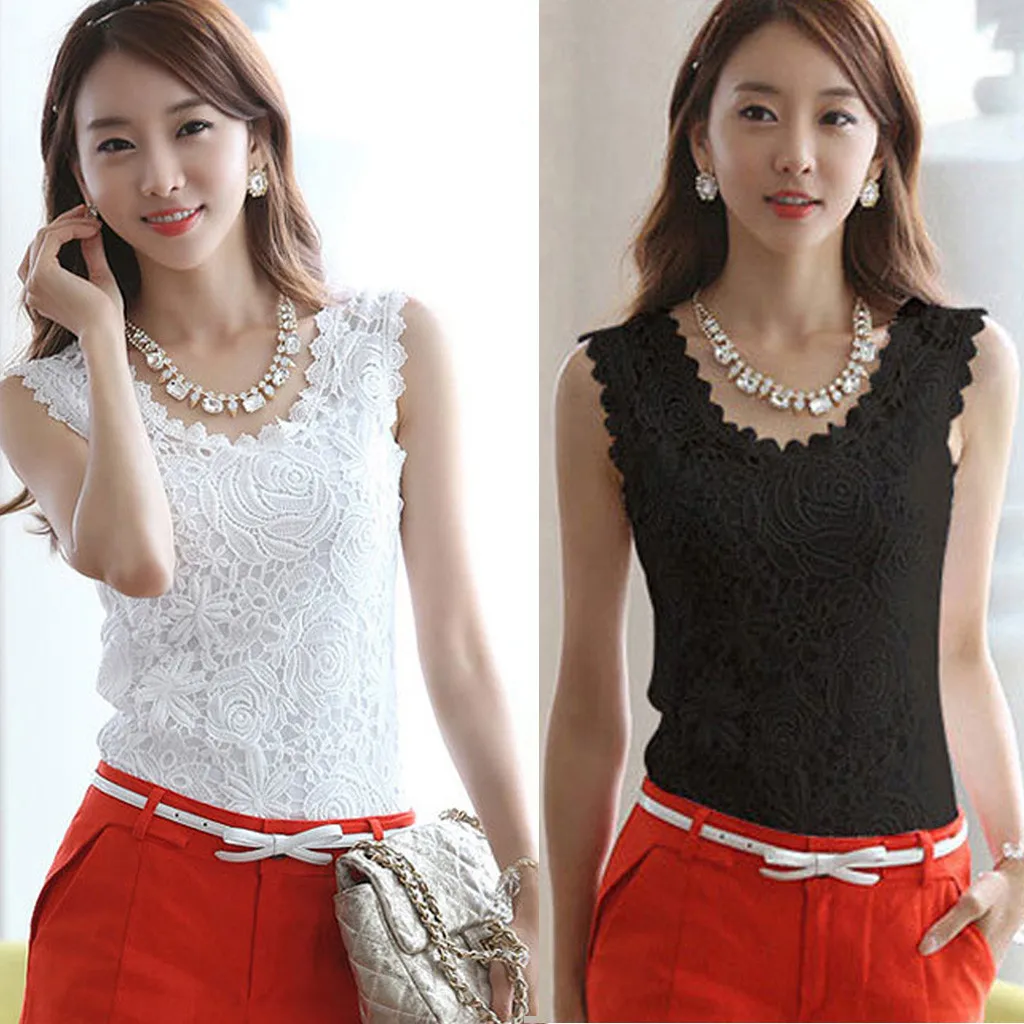 Fashion Women Casual Sleeveless Vest O-neck Floral Lace Slim Tops Топ Ropa Mujer Топ Женский Майка Женская Underwear Women