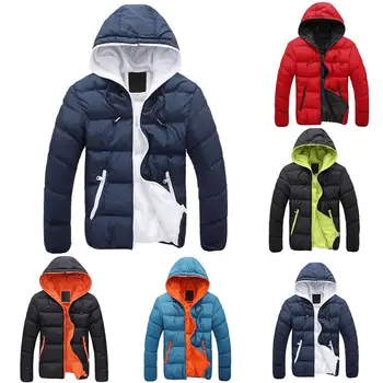 

Fashion Winter Men Jacket Coat Color Block Zipper Hooded Cotton Padded Coat Warm Thicken Outwear Jacket