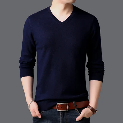 Navy Blue FAVOCENT, новинка, мужской свитер, осень, приталенный, теплый, Повседневный, пуловер, сплошной цвет, шерсть, вязанный, v-образный вырез, длинный рукав, мужской свитер - Цвет: Navy Blue