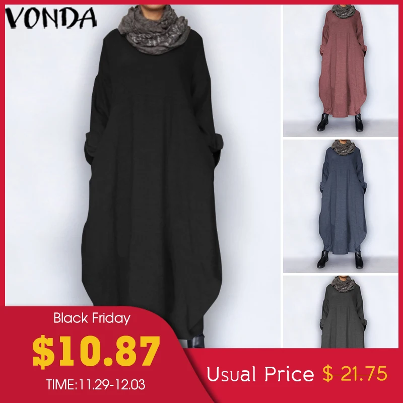 VONDA размера плюс осеннее платье винтажное сексуальное с длинным рукавом Вечерние Макси длинное платье свободного покроя vestidos сарафан женское S-5XL