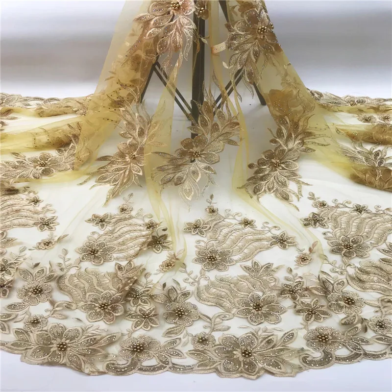 

African Lace Fabric 2019 High Quality French Lace Fabric With Stones Embroidery Lace Fabric For Women dress Yellow