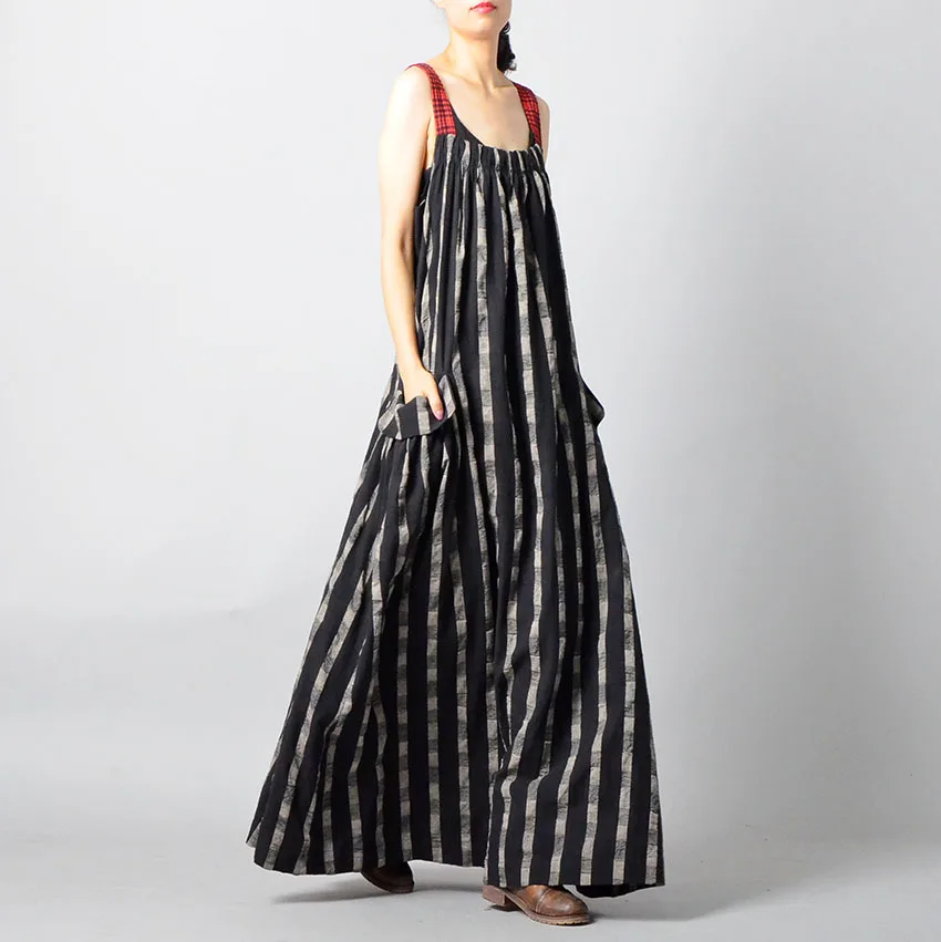 

2019 Autumn Personality Women's Cotton Plaid Vest Skirt Casual Loose Sash Literary Dress with Pocket Lace Dress