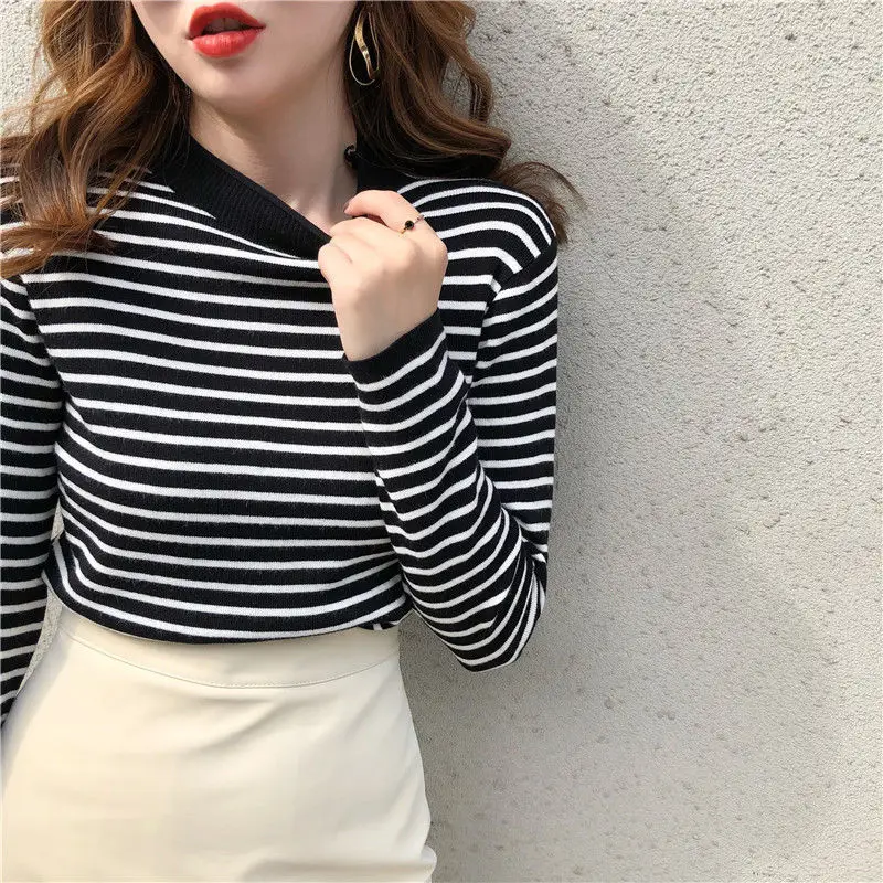 

Autumn 2020 new semi-high collar striped sweater women's loose pullover sweater Korean base shirt top