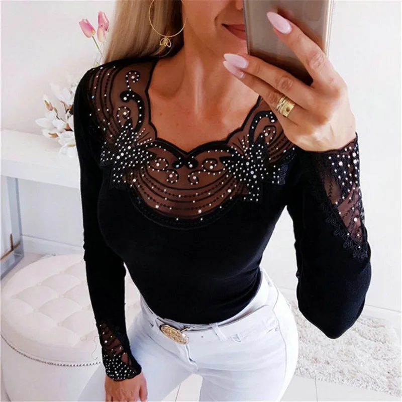 Women Butterfly Lace T Shirt Elegant Ladies Long Sleeve Slim Tee Shirt Femme Stretch tshirt Bodycon Autumn Top Streetwear