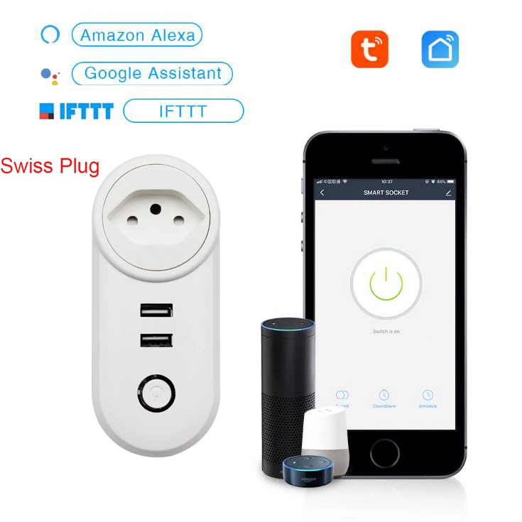 

Swiss WIFI Smart CH Plug With Dual USB Ports Timing Socket Wireless Outlet Voice Control Work with Alexa Google home