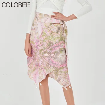 

Autumn Runway Designers Vintage Pearls Tassel Women Skirt 2020 Elegant High Waist Printed Midi Skirts Womens