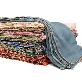 

Ladies Fashion Plain Gold Pom Pom Chain Viscose Shawl Scarf Women High Quality Stitch Pashmina Foulards Muslim Hijab 180*80Cm