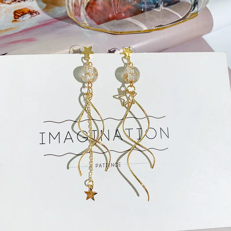 

DREJEW Asymmetrical Star Long Tassel Statement Earrings Christmas Pearl Drop Earrings for Women Wedding Fashion Jewelry