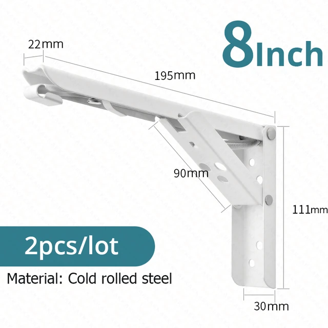 KAK 2pcs Folding Shelf Brackets Heavy Duty Stainless Steel Collapsible Shelf Bracket for Table Work Space Saving DIY Bracket White 8inch