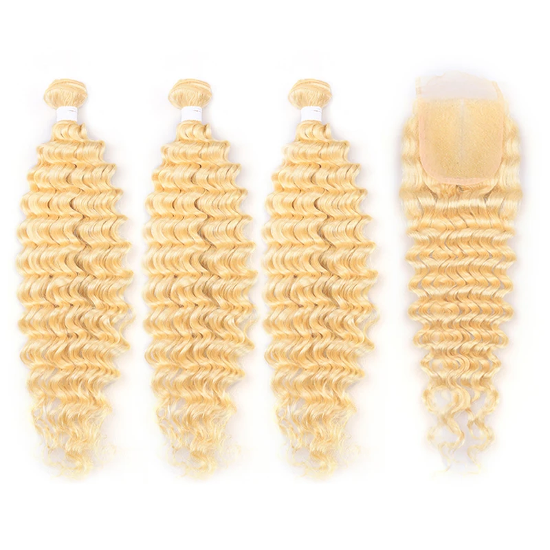Deep Wave Bundles With Closure 4x4 613 Honey Blonde Brazilian Hair Weave Bundles With Lace Closure Remy Hair Extensions