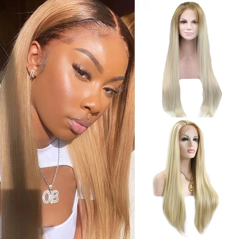 

Platinum Blonde Synthetic Lace Front Wig Ombre Straight Hairstyle Brown Roots Frontal Heat Resistant Fiber Hair For Black Women