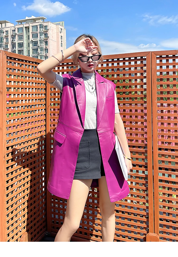 Spring Autumn Korean Style Women's Sheepskin Belt Waistcoat High Quality Genuine Leater Vests Top C668