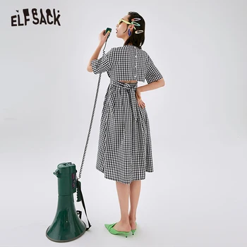 

ELFSACK Black Plaid Letter Embroidery Casual Preppy Shirt Dress Women 2020 Spring Cut Out Back Short Sleeve Ladies Daily Dresses