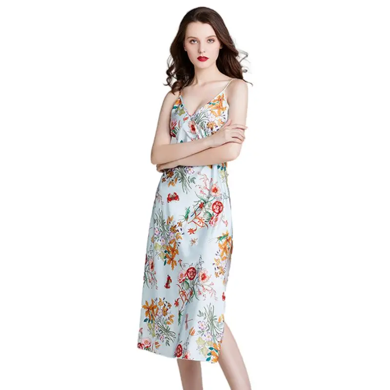 

Women Imitation Silk Cami Dress Colorful Floral Print Spaghetti Strap Nightgown Sexy V-Neck Backless Side Slit Midi Sleepwear