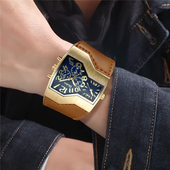 Oulm-Reloj de pulsera informal para hombre, cronógrafo de cuarzo con correa de cuero y esfera cuadrada, de marca de lujo, dorado