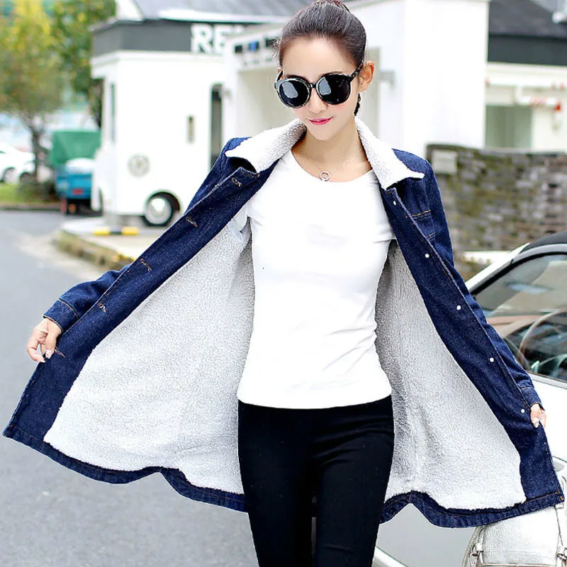 

Warm Denim Jacket For Women Autumn Winter Lambswool Jeans Coat New 2019 Female Long Cowboy Outwear Overcoat Feminine Coat