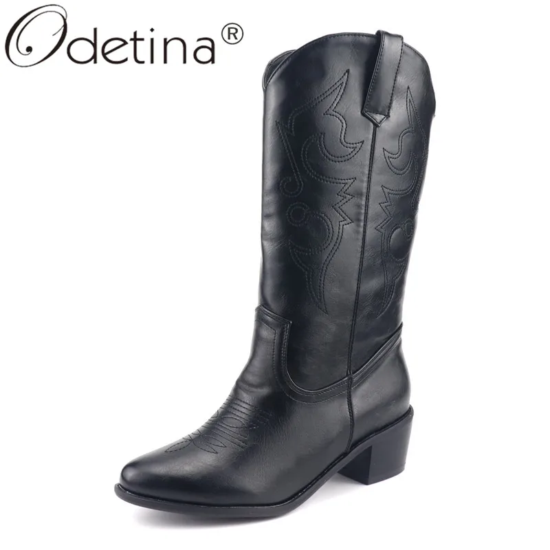 Odetina/женские зимние ковбойские сапоги до середины икры с вышивкой женские