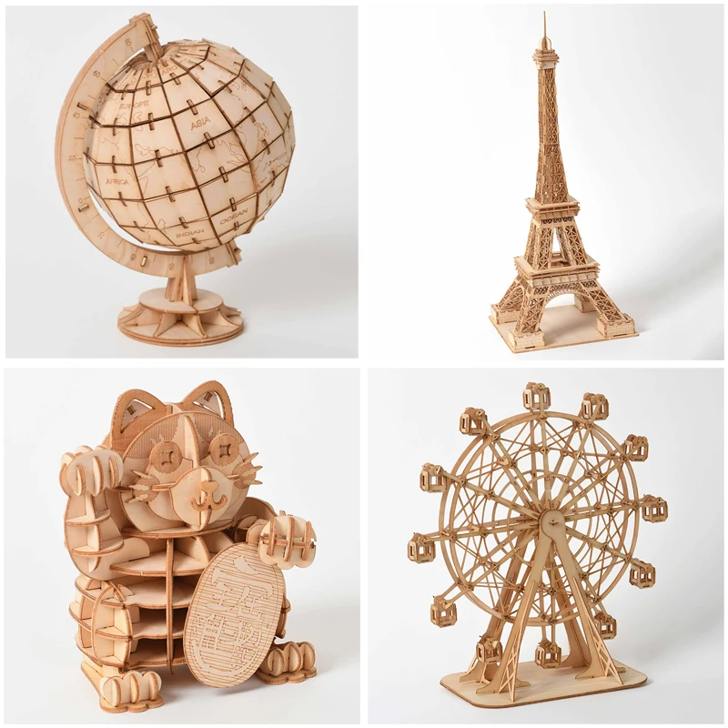 

Laser Cutting Ferris Wheel Globe Eiffel Tower Panda 3D Wooden Puzzle Assembly Wood Kits Desk Decoration for Children Kids Gift