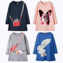 Новые Детские платья для девочек хлопковое платье с длинными рукавами и пайетками для маленьких девочек платье-туника из Джерси, платье принцессы, одежда для детей от 2 до 7 лет