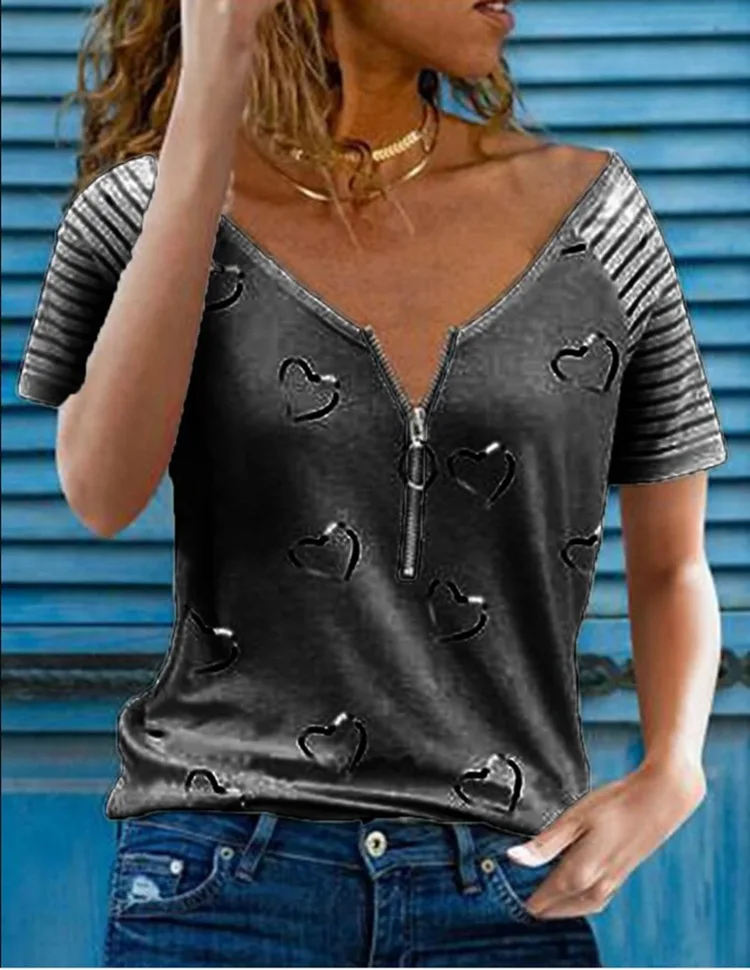 Women's Printed T Shirt V Neck Zipper Casual Loose Short Sleeve Top Summer Fashion Sexy Plus Size Clothing