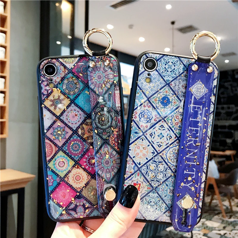 

Wrist Strap Soft TPU Case For Huawei Honor 10 View 20 V10 V20 P20 P30 Pro P10 Plus Nova 4 Marble Flower Holder Case
