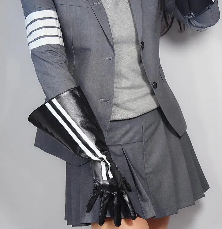 black stripe Женская модная Перчатка из искусственной кожи с широким рукавом, женские вечерние длинные перчатки в черную полоску 38 см R2472 - Цвет: black stripe