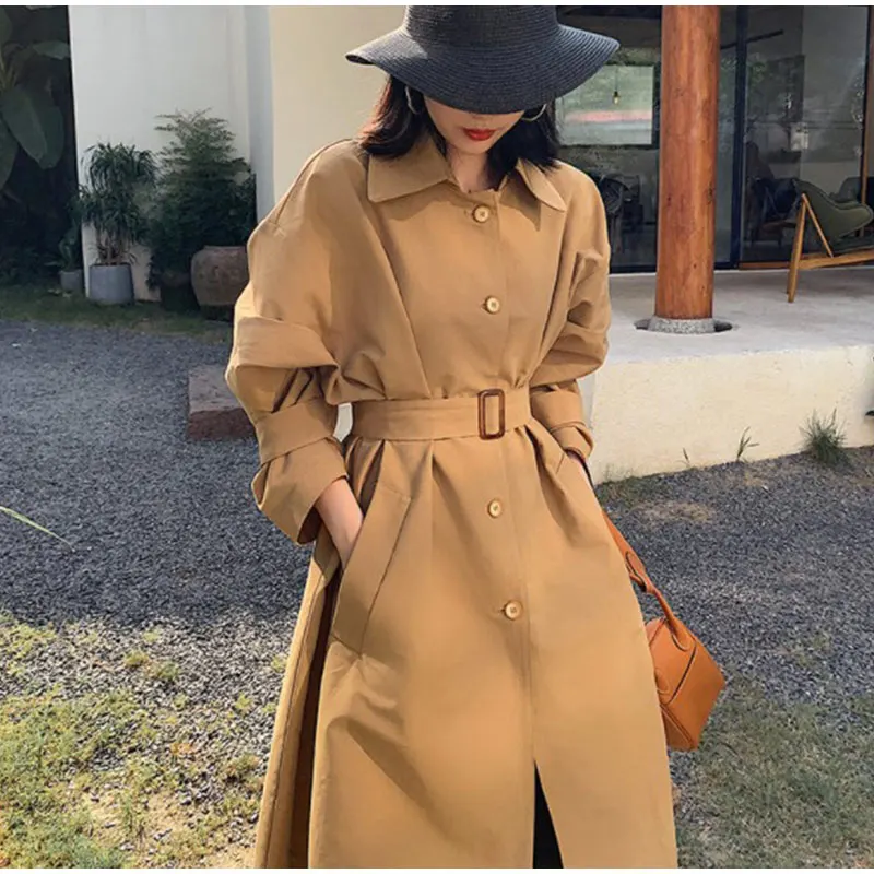 Женские однотонные длинные тренчи с поясом однобортные корейские свободные