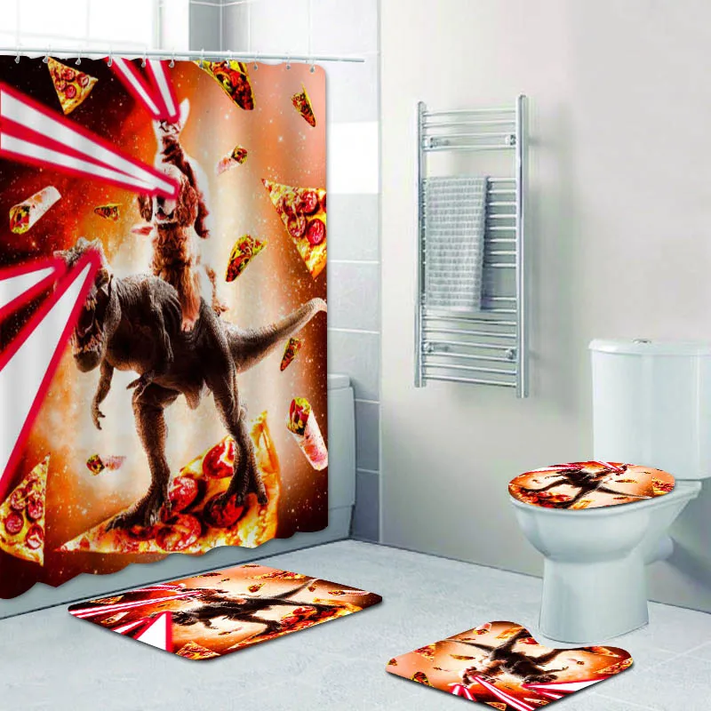 Novelty Laser Eyes Space Cat Riding Dog Dinosaur Shower Curtain Set