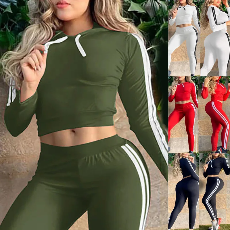 

Casual Two Piece Set Crop Hoodie Sweatshirt Solid Short Tops Long Pants Slim 2 Piece Set Women Sport Tracksuits Trainning Set