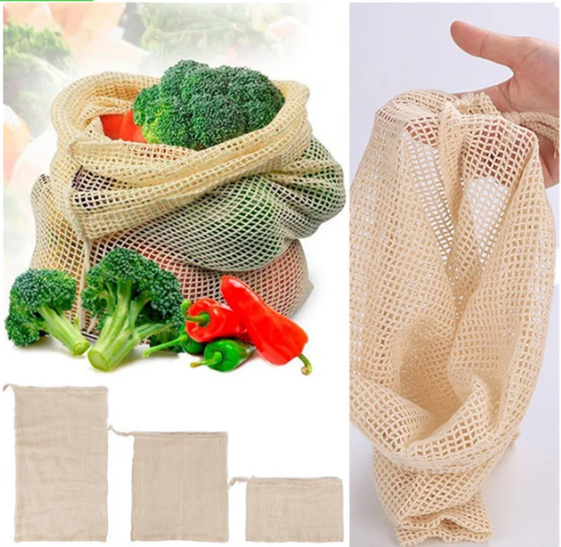 

Vegetable Bags Popular Cotton Fruit And Vegetable With Drawstring Reusable Home 1PC Kitchen Storage Mesh Bags Machine Washable