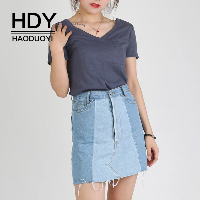 

HDY Haoduoyi Fashion Simple Casual Womens Summer T Shirt Solid Color Short Sleeve Front And Rear V-Neck Loose Tee Shirt