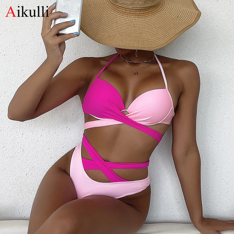 

Splicing Bikinis Female Swimsuit Women Swimwear Two-piece Bikini Set Lace High Waist Bather Bathing Suit Swimming 2022 Beachwear