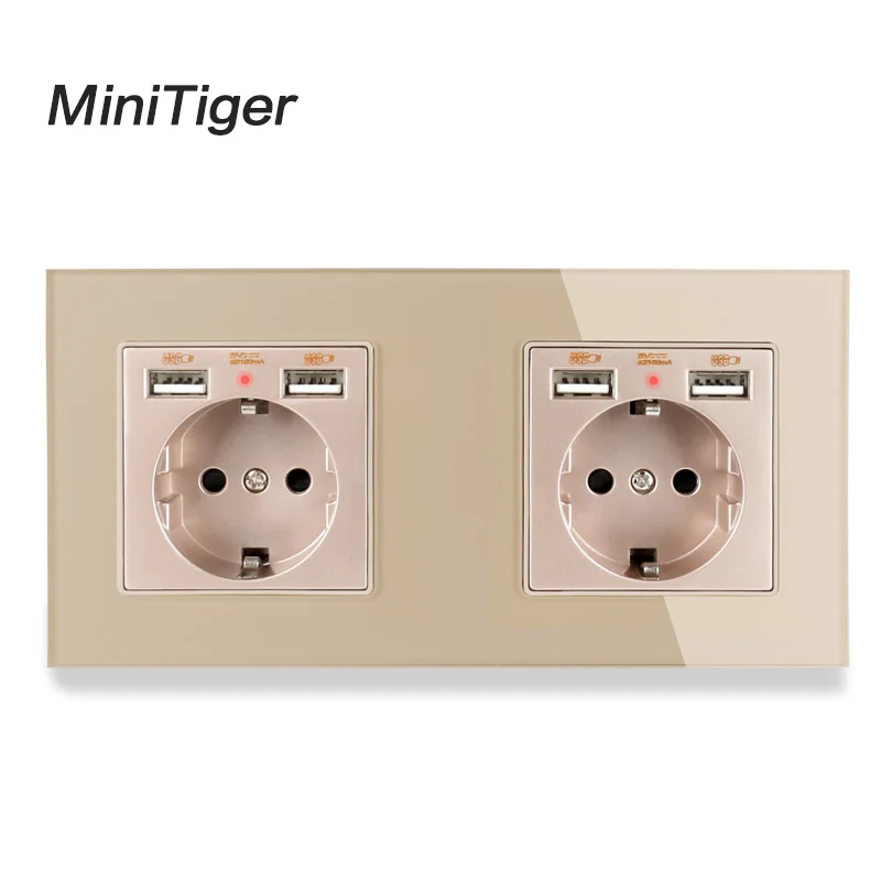 Minitiger 2 комплекта Россия Испания настенная розетка стандарта ЕС+ двойной USB порт зарядки скрытый мягкий светодиодный индикатор стеклянная панель 172*86 мм