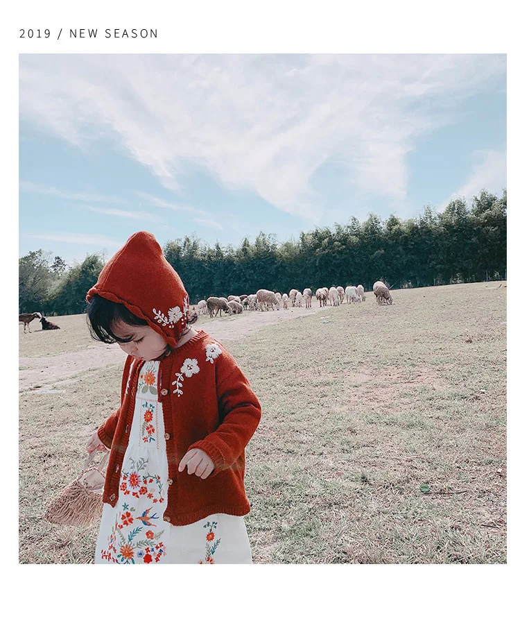 Корейский стиль, Осенний милый детский свитер с цветочной вышивкой для девочек, кардиган с вязаной шапкой, Детские хлопковые однобортные свитера