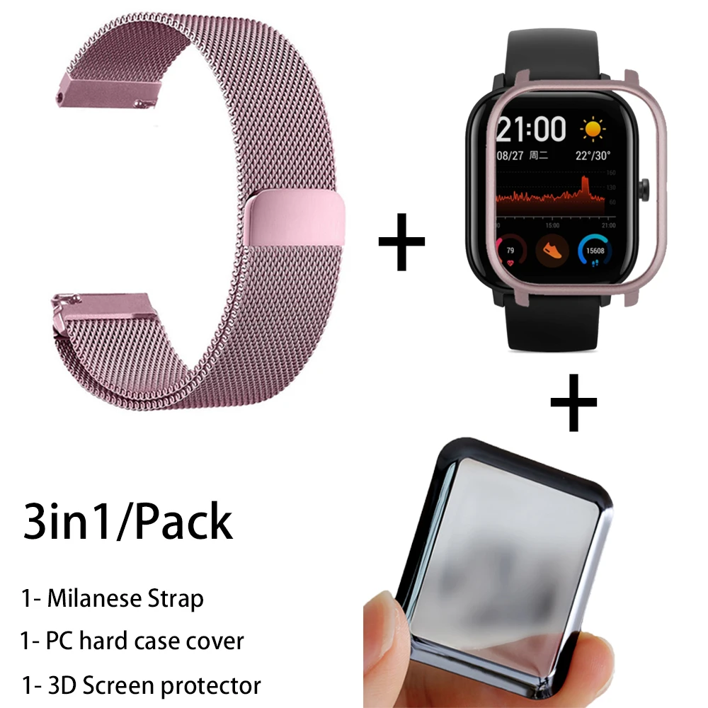 3в1 металлический Миланский ремешок для Xiaomi Amazfit GTS чехол металлический браслет для Huami Amazfit GTS Band 3D Защитная пленка для экрана - Цвет: rose pink-rose pink