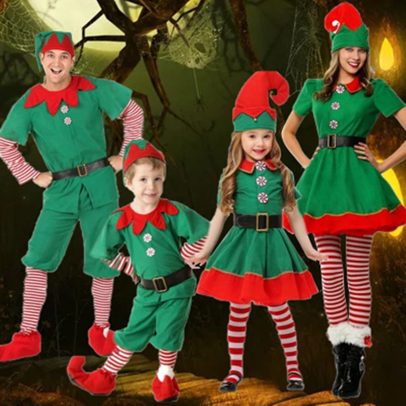 Kids Adult Christmas Green Elf Costume Family Christmas Party Elf Cosplay Fancy Dress