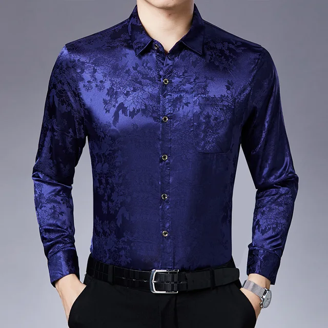 Blue Smooth Silk Shirt Men 2020 Stylish 
