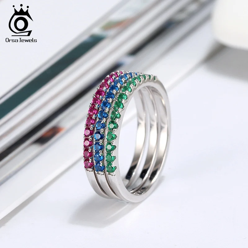 925 Серебряные кольца ORSA JEWELS, Стерлинговое Серебро, женские блестящие полурулоны, проложенные цветной, с кубическим цирконом, кольца, подарок на каждый день, ювелирные изделия SR188