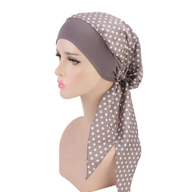 Muslim Women Print Cotton Turban Hat Headscarves Pre-Tied Cancer Chemo Headwear Bandanas Headwrap Caps Gray