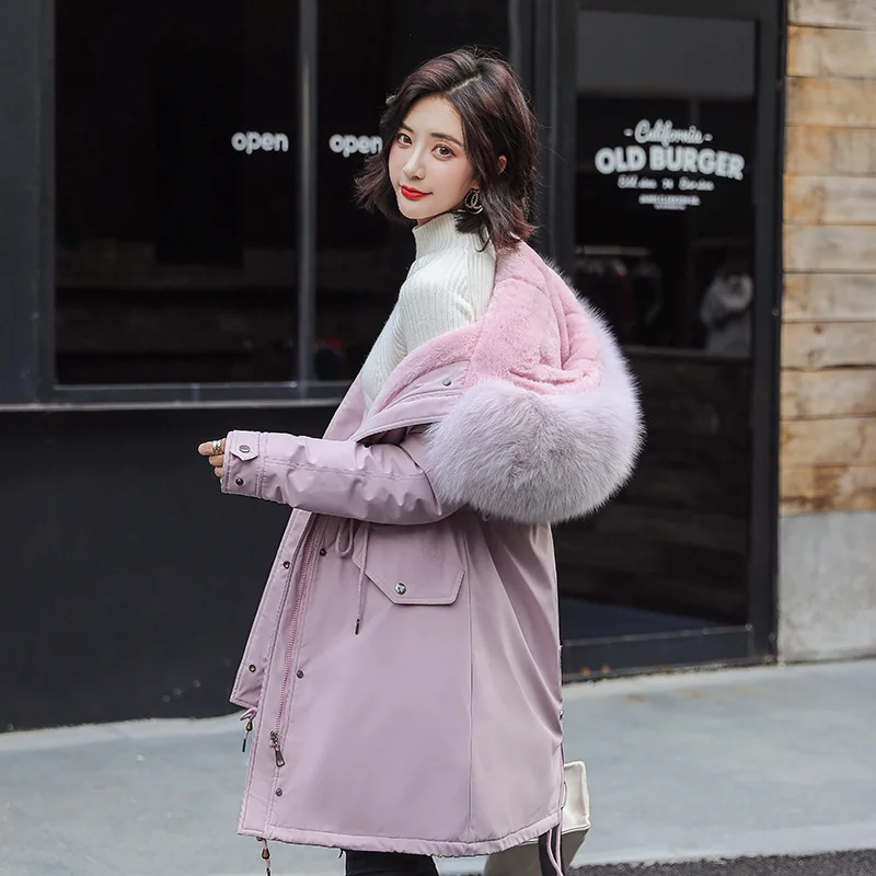 

Parka 2019 New Style Women's Rex Rabbit Fur Inner Wearing Fur Coat Winter Mid-length Deconstructable Fur Collar Cotton Coat