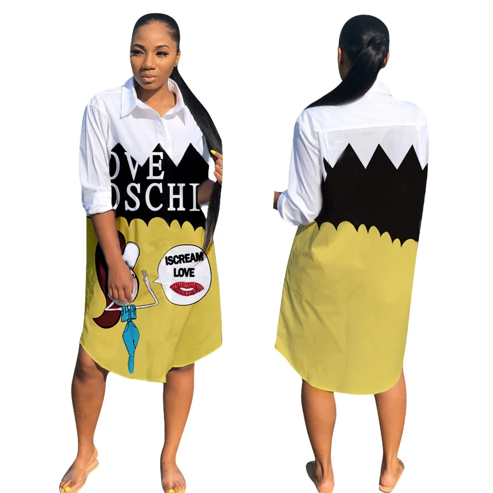 

2019 autumn winter women collar folded long-sleeved letter print blouse shirt dress woman fashion classic dresses