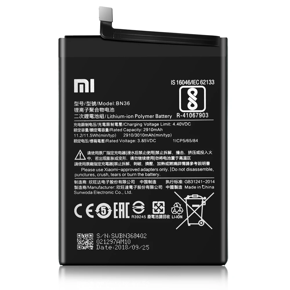 Xiao mi 100% оригинальный аккумулятор BN36 для 6X A2 Xiaomi запасная батарея телефона Akku |