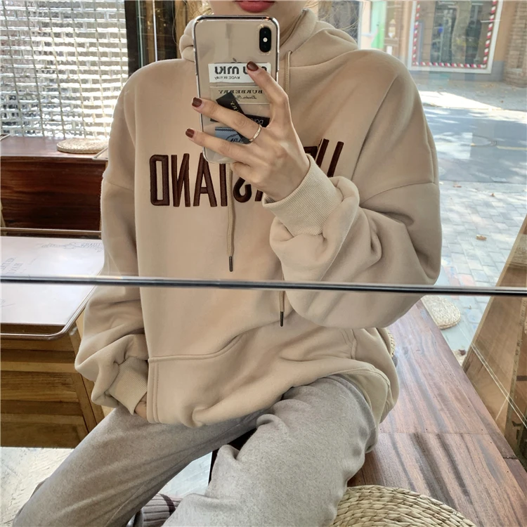 4colors autumn and winter preppy style letter embroidery loose thick hoodies womens sweatshirts and pullovers(R99968 - Цвет: BEIGE