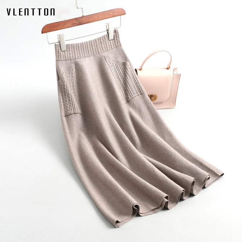 

High Quality Autumn Winter Elegant Ladies Office Wear Wool Knitted Women's Skirt Solid Pocket Casual A-Line Long Skirts Saia