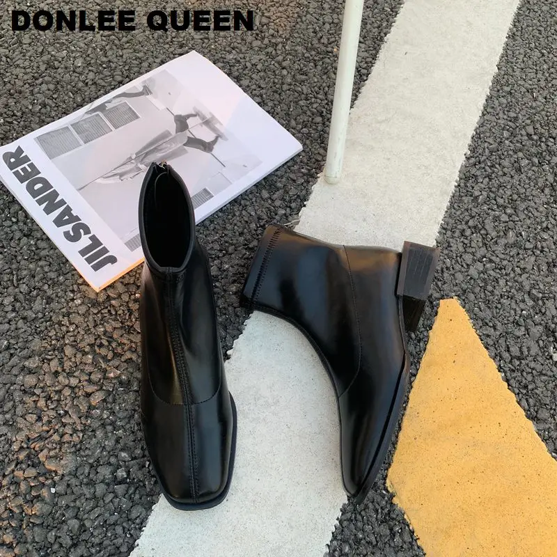 

Ankle Boots For Women Square Toe Low Heel Short Boots Women Chelsea Zipper Boots Black Riding Feminine Shoes Women Booties Mujer
