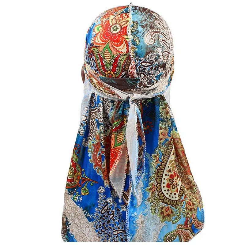 New Printed Men's Durag Hip-Hop Bandanna Cap Rapper Floral Turban Hat Elastic Headband Women Spandex Du-rag Long Tail Headwear [file]modern bandanna women bra