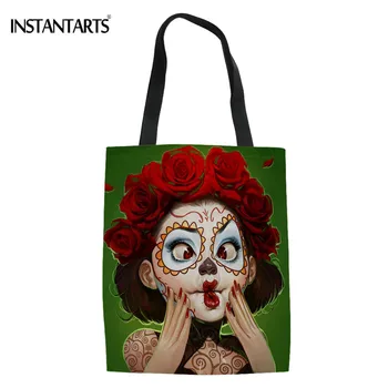 

INSTANTARTS Skull Girls Printing Linen Tote Bags Women Casual Canvas Shopping Bag Creat Own Style Top-handle Bags Bolsa de lona