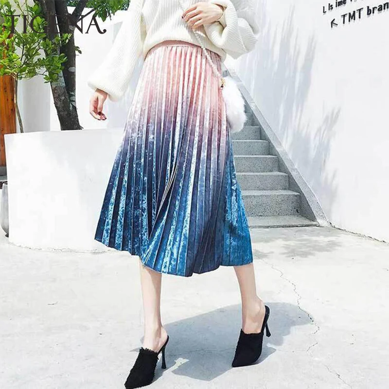 

TIGENA Velvet Pleated Skirt Women Fashion 2019 Autumn Winter Beautiful Gradient Color High Waist Midi Long Skirt Female Pink