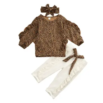 

Toddler Kid Baby Girl Fall Autumn Clothes Ruffle Leopard Tops Leggings White Pants Outfit Set Tracksuit 3Pcs set